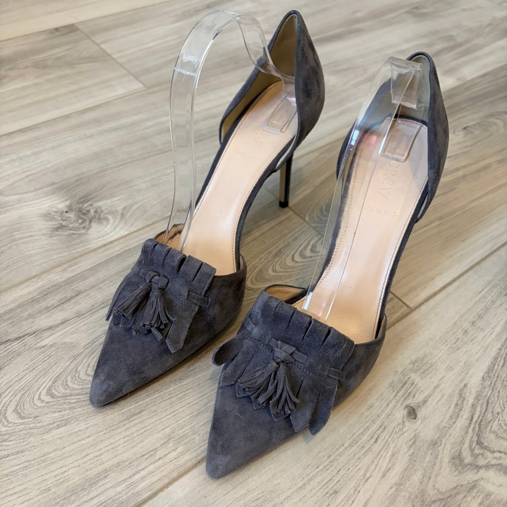 J.Crew Elsie dOrsay Pump Tassel Kiltie Suede Gray 10 Made in Italy Stiletto